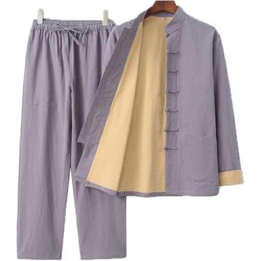 Imagem de Mens Tang Terno Chinês Tradicional Manga Longa Tai Chi Kung Fu Camisa Artes Marciais Terno De Roupas, Tops De Cânhamo De Algodão E Calças Adequadas Para Treinamento De Wing Chun, Grey, XXL