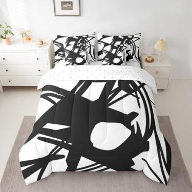 Imagem de Feelyou Jogo de cama solteiro abstrato, branco, preto, 7 peças, conjunto de edredom geométrico, ultramacio, com conjunto de lençóis, fronhas e fronhas, listras, microfibra macia e respirável