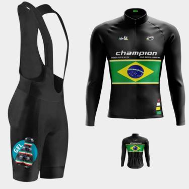Imagem de Conjunto Masculino Camisa Champion Brasil Preta Manga Longa Pro + Bret