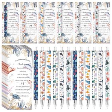 Imagem de Sinload Conjunto de 50 canetas de presente de chá de bebê sob o mar para convidados, cartões de agradecimento, artigos de festa para chá de bebê, lembrancinhas de novos pais, cartões comemorativos de