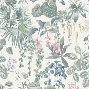 Imagem de Ismoon Papel de parede adesivo branco e verde 43,9 x 998 cm, selva tropical, botânica, folha de palmeira, papel de contato removível autoadesivo para quarto, branco