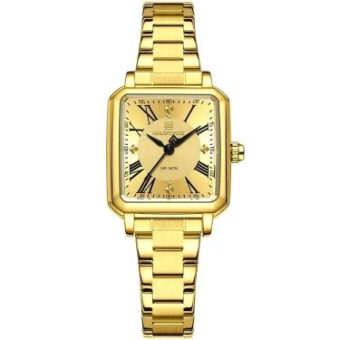 Imagem de Relógio Feminino Mostrador Quadrado Ponto De Luz Em Aço Inoxidavel Impermeavel Dourado