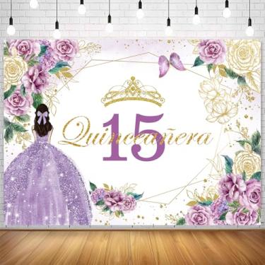 Imagem de Withu Pano de fundo de aniversário de 15 anos de aniversário brilhante dourado roxo floral borboleta princesa menina 15º decoração de festa Mis marmelo anos tema banner fotografia fundo 2,1 x 1,5 m