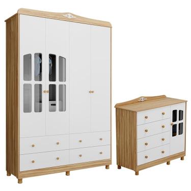 Imagem de Jogo De Quarto Infantil Elô Com Janela Guarda Roupa E Cômoda Branco Brilho/amêndoa - Móveis Peroba