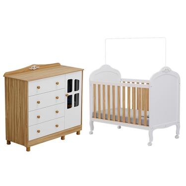 Imagem de Jogo De Quarto Infantil Elô Com Janela Cômoda E Berço Branco Brilho/amêndoa - Móveis Peroba