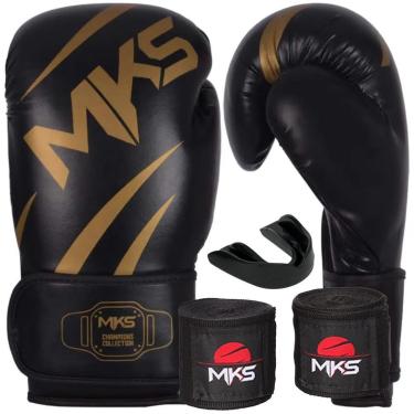 Imagem de Kit Luva de Boxe Muay Thai Kickboxing Champions III Preto e Dourado Bandagem Protetor Bucal-Unissex