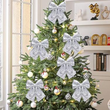 Imagem de Giegxin 6 peças de laços de Natal grandes com glitter, coroas de lantejoulas de 24 cm, enfeites de árvore de Natal, enfeite de árvore, laço para decoração de festa de Natal, porta da frente (prata)