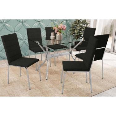 Imagem de Sala De Jantar Completa Loire Tampo De Vidro 120x80cm E 6 Cadeiras Amsterdã Cromada - Preto - Kappesberg