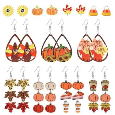 Imagem de 4 pares de brincos de gota de outono de Ação de Graças para mulheres, leves, outono, de madeira, gota, fofo, colorido, abóbora, folha de bordo, girassol, peru, Large, Zinco, desconhecido