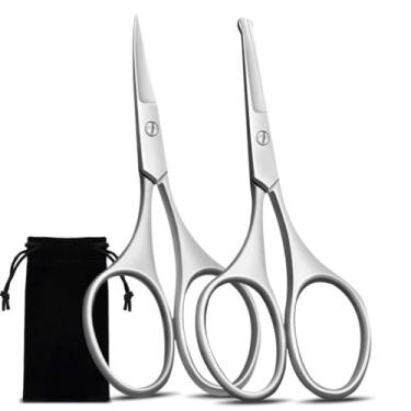 Imagem de Tesoura de pelos faciais para homens e mulheres - sobrancelha, cabelo do nariz, barba, cílios, bigode, kit de aparar pelos da orelha, pontas de segurança curvas e arredondadas - 2 peças, prata