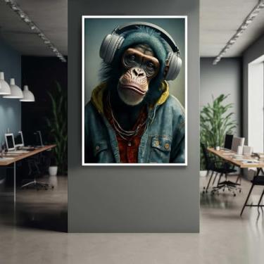 Imagem de Quadro com Moldura Macaco Rapper Fone Decorativo Grande Sala Quarto Hall