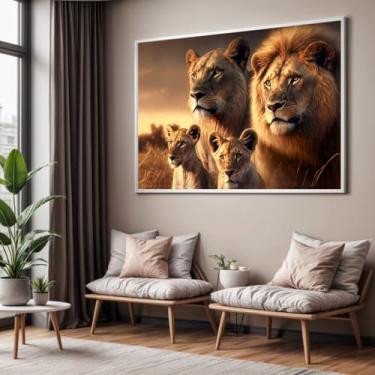 Imagem de Quadro com Moldura Sala Quarto Família de Leão Leões Filhote Decorativo Horizontal Grande Hall