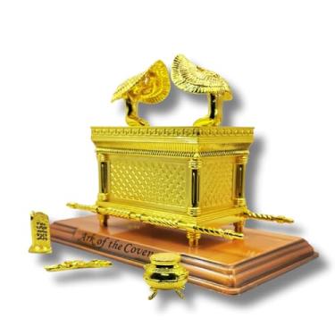 Imagem de 3 ARCHES USA Modelo de estatueta da Arca da Aliança banhada a ouro (28 cm x 16,5 cm x 21,6 cm) com conteúdo - vara de Aaron, maná, dez mandamentos - réplica detalhada de decoração de mesa