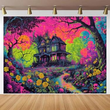Imagem de BlissYard Tapeçaria de jardim assombrado luz negra neon que brilha no escuro crânio flores casa UV reativo terror psicodélico pendurar na parede para quarto sala de estar dormitório decoração de festa