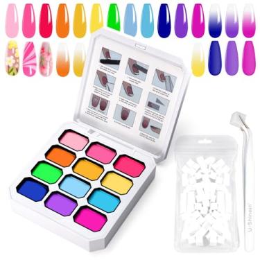 Imagem de U-Shinein Gel de pintura gradiente, kit de 12 esmaltes de gel ombré com 100 esponjas de unhas e pinças, cor brilhante para unhas de pigmento, manicure francesa, paleta de longa duração Mojito Sunrise