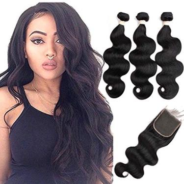 Imagem de Beauhair Body Wave 3 mechas com fecho (20 22 24 com 18 partes livres de fechamento) cabelo virgem brasileiro 100% cabelo humano não processado com fecho de renda ondulado brasileiro cabelo preto