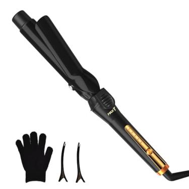 Imagem de Varinha de cachos de turmalina de cerâmica de 3 cm - Modelador de cabelo de dupla tensão para cachos e ondas de longa duração com 5 configurações de calor, luva resistente ao calor e clipes incluídos