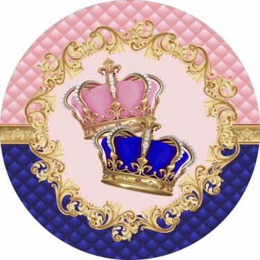 Imagem de Painel de Tecido Sublimado Redondo Capitonê Coroas Realeza Rosa e Azul