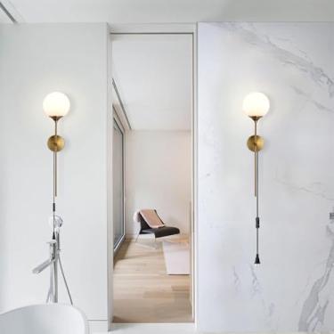 Imagem de Luminária de parede E27 com interruptor e plugue Arandelas de parede internas modernas com cobertura de sombra de vidro, lâmpadas de parede com cabo de alimentação E27 Suporte de lâmpada para quarto