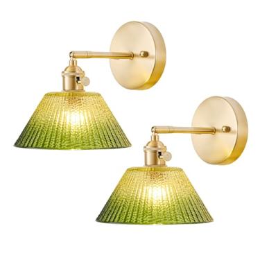 Imagem de LINSEEDS Conjunto de duas arandelas de parede com fio, luminária de parede vintage com abajur de vidro verde gradiente, arandelas de parede de banheiro com interruptor, luz de parede dourada conjunto