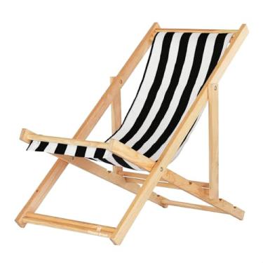 Imagem de Espreguiçadeira Dobrável em Madeira Maciça para Varanda – Reclinável, Sem Braço, Natural (Listrado Preto e Branco)