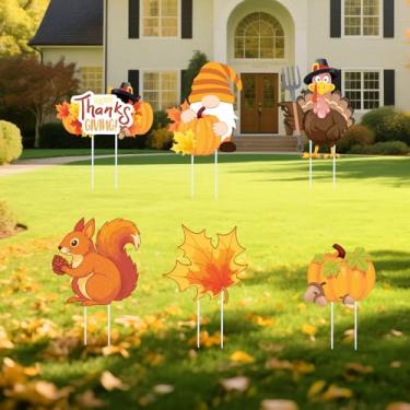 Imagem de 6 Peças Placa de Jardim Ação Graças com Estacas, Peru Abóbora Estacas Jardim Outono Decoração de Ação Graças ao Ar Livre para Gramado Varanda Cerca Outono Decorações