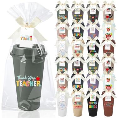 Imagem de Skylety 24 conjuntos de presentes de volta às aulas para professores a granel 473 g copos multicoloridos de agradecimento do professor com tampas Caneca de café de plástico reutilizável com cartão de