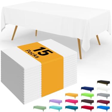 Imagem de Smiry Toalha de mesa descartável – pacote com 15, toalhas de mesa retangulares impermeáveis de 137 x 272 cm para festas, capa de mesa de plástico decorativa, à prova de vazamento e resistente, branca