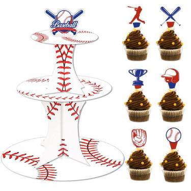 Imagem de Suporte de cupcake WIFUNUE Baseball Birthday com 24 Toppers e 3 pneus