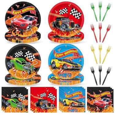Imagem de 96 peças de artigos de festa de carro coloridos pratos e guardanapos de papel de corrida tema de corrida feliz aniversário jogo decorações de mesa para aniversário chá de bebê Wild Racer preto branco