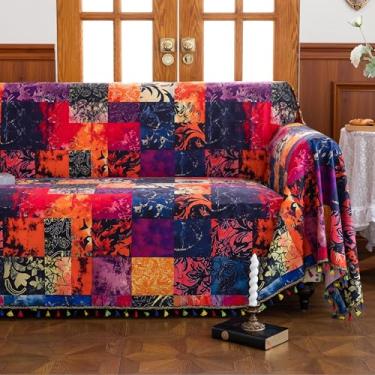 Imagem de Erbnaryx Capas de sofá impressas com borlas de retalhos artificiais laváveis para sofá seccional 2 almofadas sala de estar (180 x 259 cm)