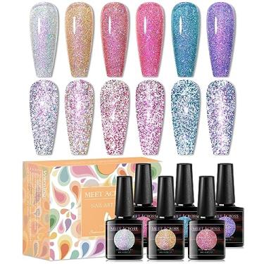 Imagem de MEET ACROSS Conjunto de 6 esmaltes de gel refletivo com glitter, kit de esmalte holográfico de gel holográfico prateado, roxo, azul, rosa, amarelo, gel de imersão UV, kit de manicure de gel com