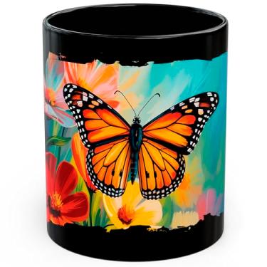 Imagem de Caneca de café de cerâmica borboleta 325 ml inseto de jardim colorido - Caneca de chá e café com aderência confortável - Copo de presente divertido exclusivo para escritório ou casa - Impressão