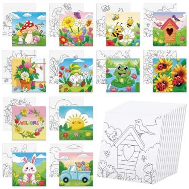 Imagem de Anseal 12 pacotes de telas pré-desenhadas para pintar, 10 x 10 cm, pintura pré-impressa para crianças, quadros de pintura de contorno de tela pré-esticada para iniciantes, estudantes, lembrancinhas de