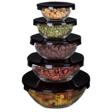 Imagem de KIT 5 Potes de Vidro Herméticos com Tampa Anti Odores Redondos - Conjunto de Tijelas, Vasilhas, Bowls e Bacias (Preto)