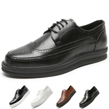 Imagem de Tênis masculino Wingtip Oxford com cadarços, sapatos de plataforma casuais para vestir e caminhar, tênis modernos formais confortáveis sapatos ortopédicos de couro mocassim para escritório, Preto, 41