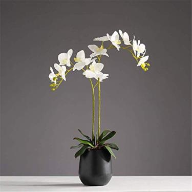 Imagem de DCYEQRQ Grande estilo oriental Phalaenopsis flor artificial simulação borboleta orquídea bonsai com vaso de cerâmica festa de casamento decoração de peça central de casa, rosa (branco b)