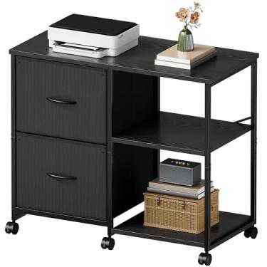 Imagem de YeTom Armário de arquivo lateral de tecido de 3 gavetas com rodas, suporte de impressora com prateleira de armazenamento aberta para escritório em casa, preto
