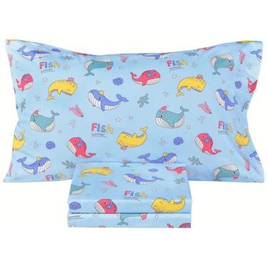 Imagem de Scientific Sleep Jogo de lençol de solteiro com 3 peças, azul baleia marinha, fofo, aconchegante, 100% algodão, lençol com elástico e fronha natural para crianças, meninos e meninas (baleias, solteiro