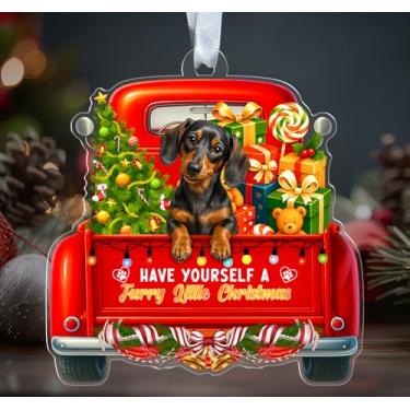 Imagem de Ornamento de acrílico Dachshund - Have Yourself A Furry Little Christmas - Caminhão vermelho de Natal - Decoração festiva de Natal - Pendurado em árvore de Natal