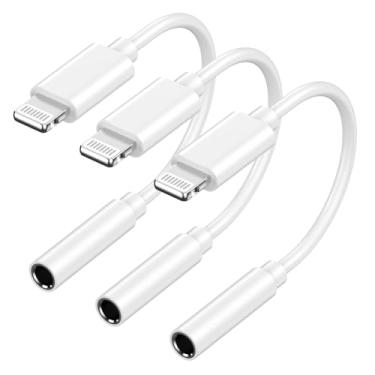 Imagem de [Certificação Apple MFi] Apple Lightning para adaptador de fone de ouvido de 3,5 mm, pacote com 3 cabos de áudio auxiliar de iPhone para cabo conversor de áudio auxiliar de 3,5 mm, dongle compatível