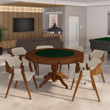 Imagem de Conjunto Mesa de Jogos Carteado Bellagio Tampo Reversível Verde e 6 Cadeiras Madeira Poker Base Estrela Linho OffWhite/Imbuia G42 - Gran Belo