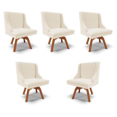 Imagem de Kit 5 Cadeiras Decorativas Sala de Jantar Base Giratória de Madeira Firenze Linho Bege/Natural G19 - Gran Belo