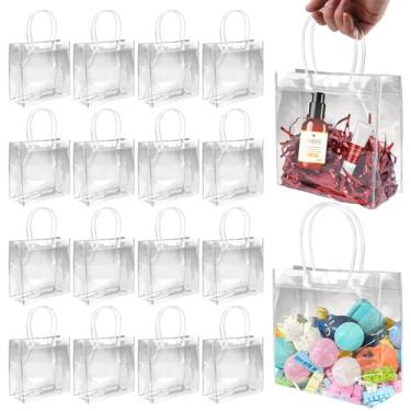 Imagem de BadenBach Pacote com 16 sacos de presente transparentes com alças, 17,5 x 17,5 x 8,9 cm, pequenos sacos de plástico reutilizáveis para lembrancinhas de festa, sacola de PVC transparente para casamento