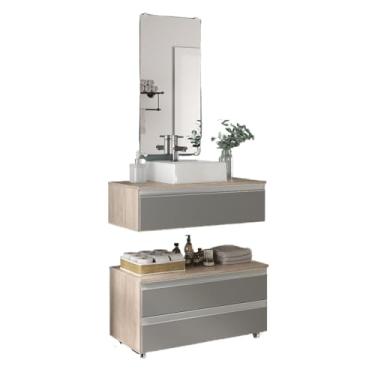 Imagem de Conjunto Gabinete Banheiro 80cm (gabinete + cuba + espelheira)(Madeirado/Cinza)