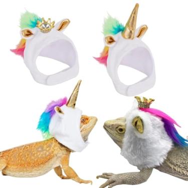 Imagem de 2 peças de chapéus de lagarto para réptil de dragão barbudo com alça ajustável no queixo - enfeite de cabeça em forma de unicórnio para fantasia de Halloween - Decoração de animal de estimação para