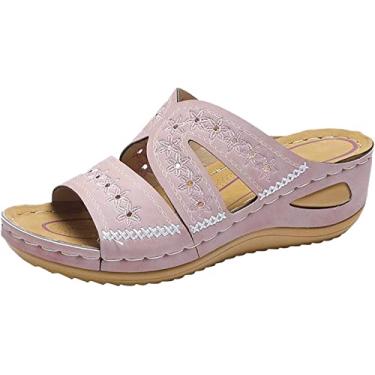 Imagem de Chinelos de salto plataforma bordada multicolorida com boca de peixe, rosa, 6.5