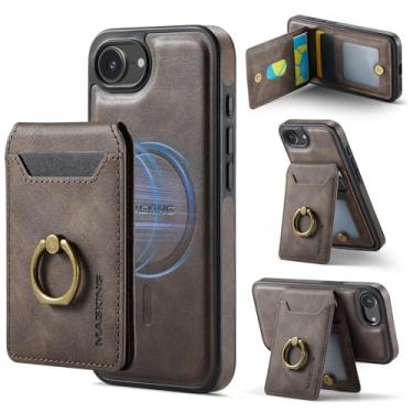 Imagem de Capa de couro magnética removível 2 em 1 para iPhone 16e, carteira com bloqueio de RFID, compatível com carregamento sem fio MagSafe com anel giratório de 360°, capa protetora para celular à prova de