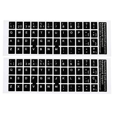 Imagem de Adesivos de teclado espanhol, pacote com 2 capas de substituição de teclado universais, lisas para notebook, fundo preto, letras brancas