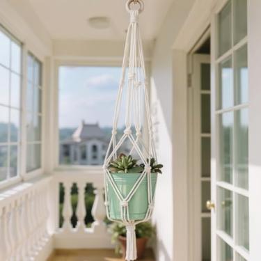 Imagem de Cesto de vaso decorativo de 71 cm com anel de madeira, suporte decorativo para vaso de flores, sem borlas, para decoração de casa boho ao ar livre, cor marfim, conjunto de 1